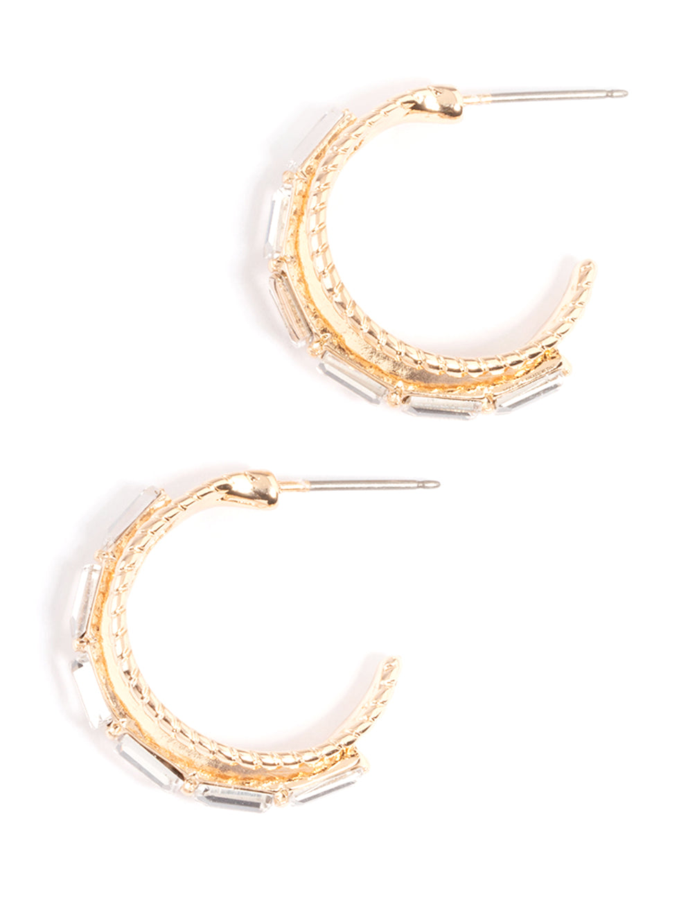 Gold Three Hoop Diamante Earrings