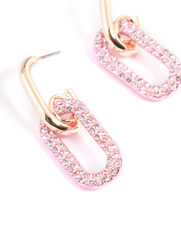 Gold Pink Link Drop Hoop Earrings
