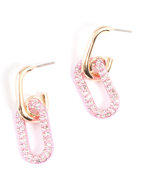 Gold Pink Link Drop Hoop Earrings
