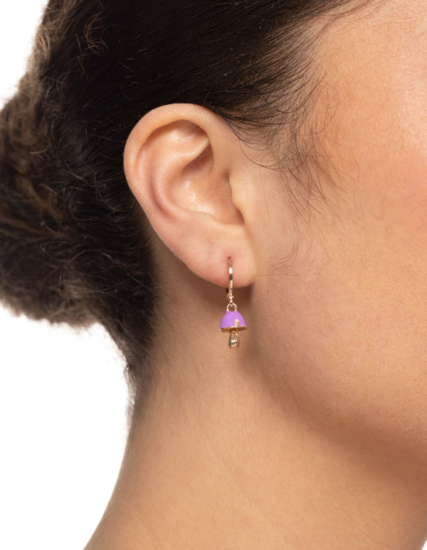Gold Neon Purple Mushroom Huggie Earrings