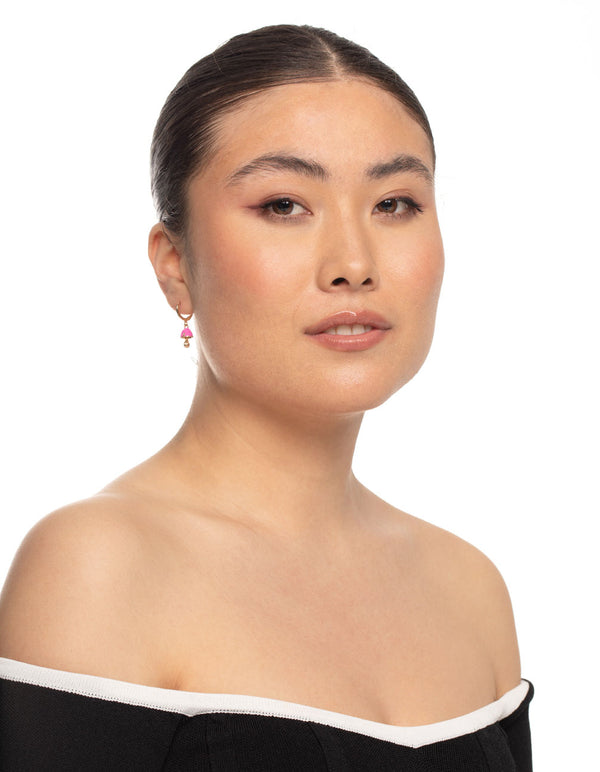 Gold Neon Pink Mushroom Huggie Earrings