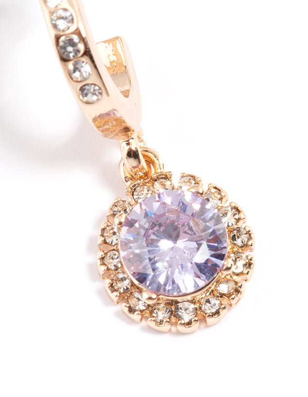 Gold Lilac Diamante Halo Huggie Earrings