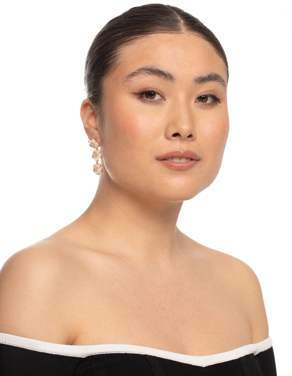 Gold Diamante White Flower Drop Earrings