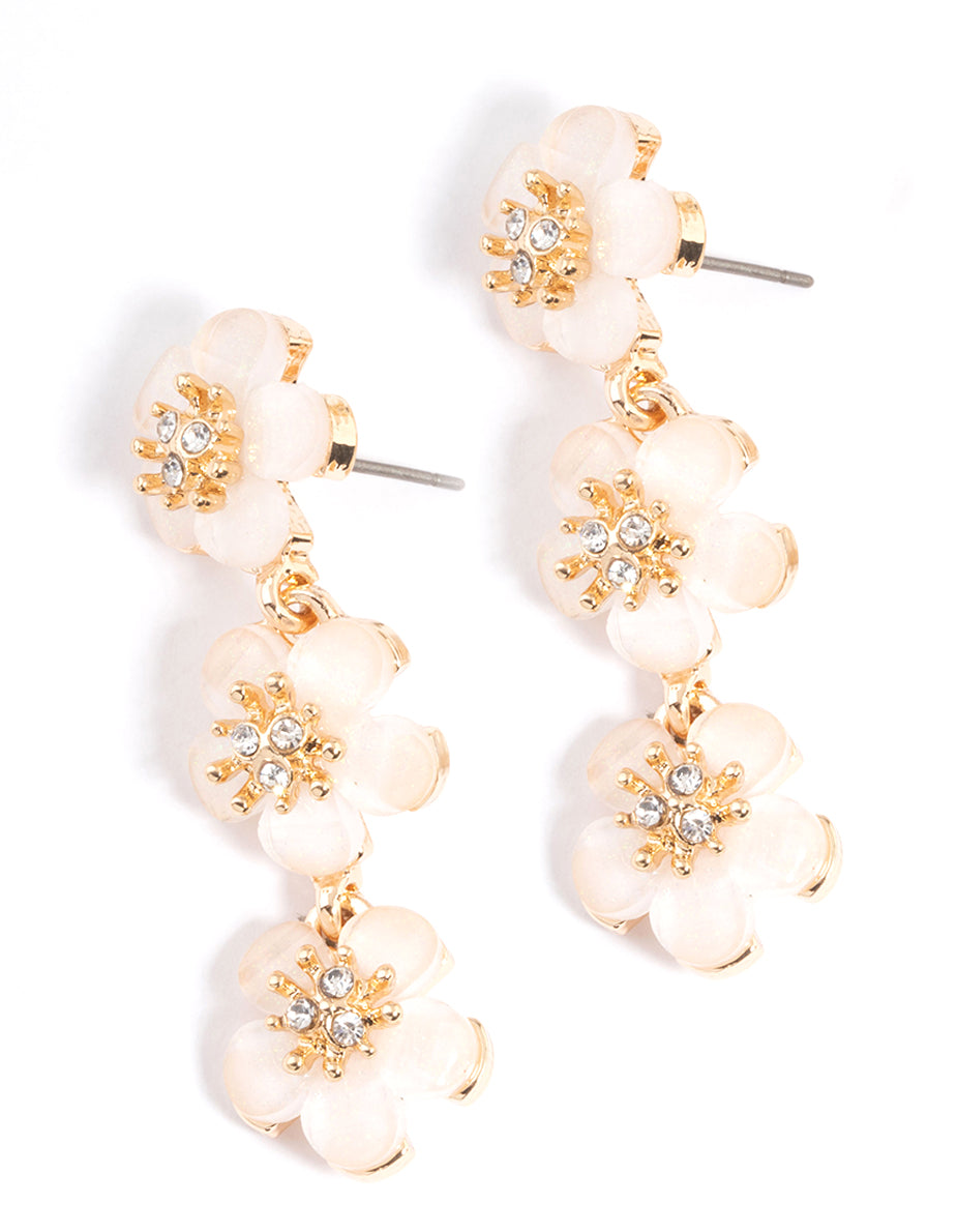 Gold Diamante White Flower Drop Earrings