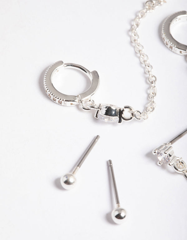 Silver Plated Brass  Cubic Zirconia Pave Huggie Chain Earrings 6-Pack