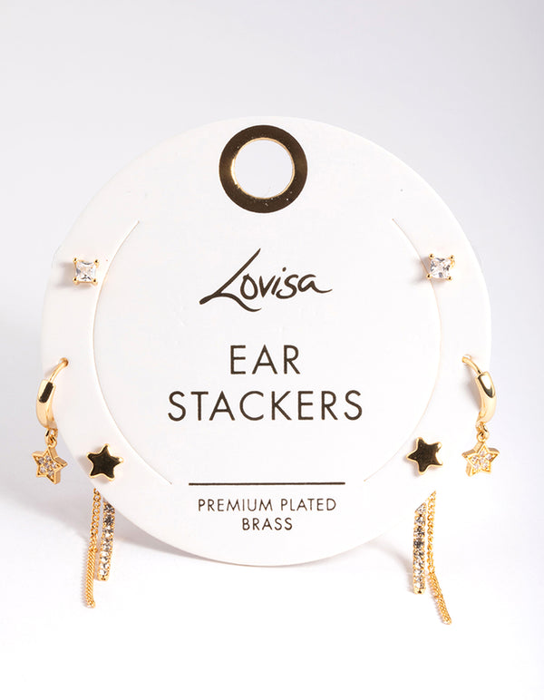 Gold Plated Brass Stars & Chain Earrings 6-Pack