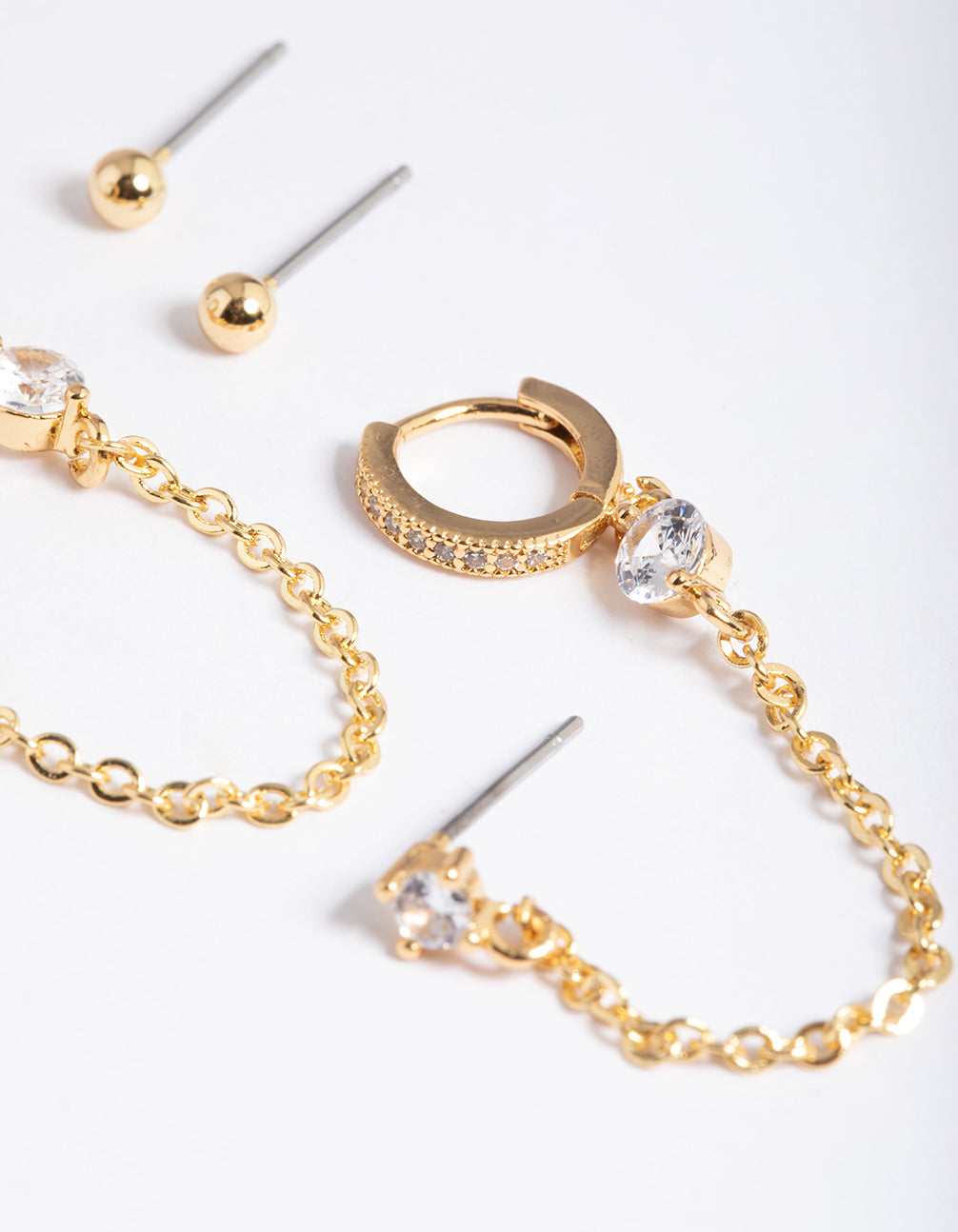 Gold Plated Brass Cubic Zirconia Pave Huggie Chain Earrings 6-Pack