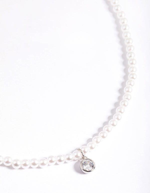 Silver Classic Pearl & Diamante Necklace