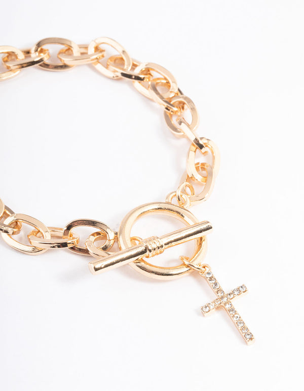 Gold Open Circle & Bar Cross Bracelet