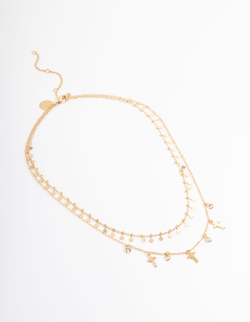 Gold Plated Disc & Cross Two Layered Necklace