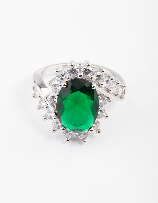 Silver Cubic Zirconia Vintage Green Oval Ring