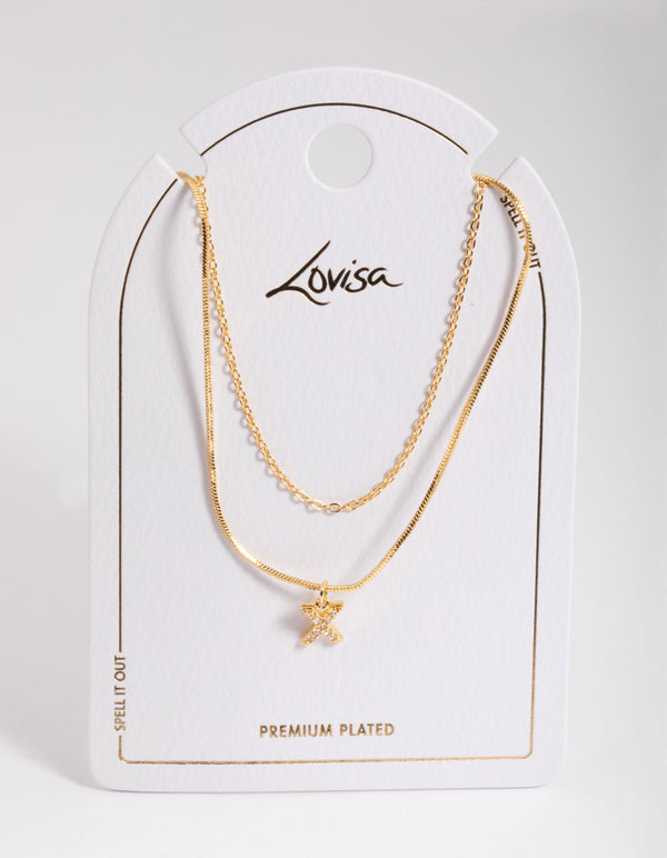 Letter X Gold Plated Layered Diamante Initial Necklace