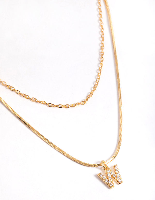 Letter W Gold Plated Layered Diamante Initial Necklace
