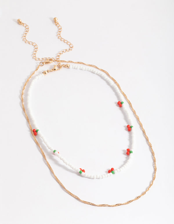 Gold Cherry White Bead 2-Row Necklace