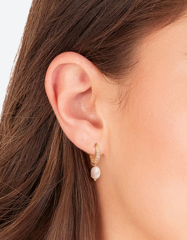 Waterproof Gold Plated Stainless Steel Diamante Freshwater Pearl Drop Huggie Earrings