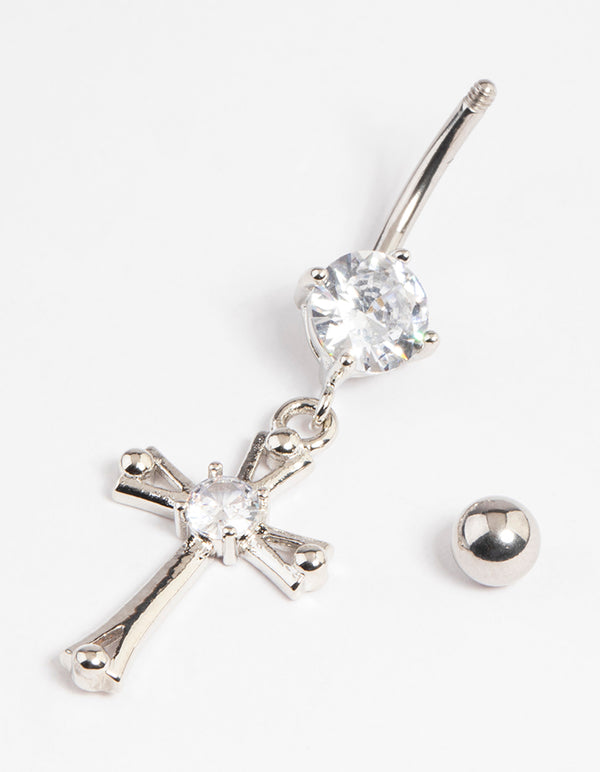 Surgical SteelCubic Zirconia Cross Drop Belly Ring