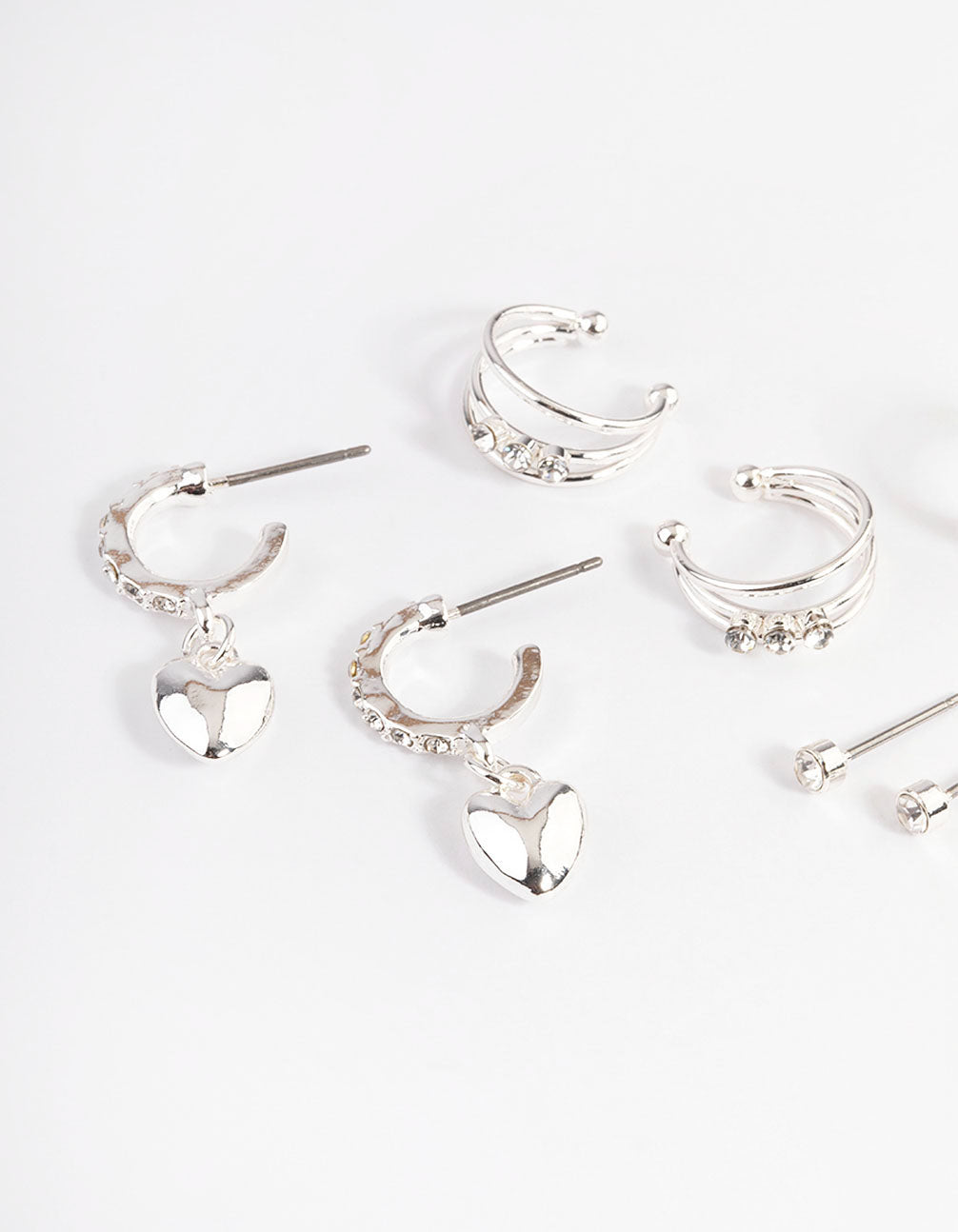Silver Crystal Puffed Heart Earrings 4-Pack
