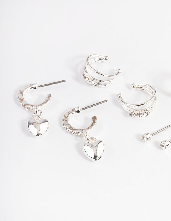 Silver Crystal Puffed Heart Earrings 4-Pack
