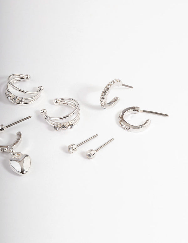 Silver Crystal Puffed Heart Earrings 4-Pack