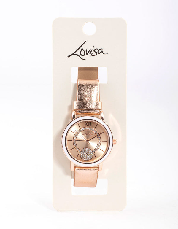 Rose Gold Faux Leather Glitter Face Watch