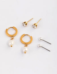 Waterproof Gold Plated Stainless Steel Cubic Zirconia Pearl Drop Huggie Earrings Pack - link has visual effect only