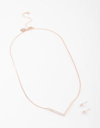 Rose Gold Cubic Zirconia V Necklace & Stud Earrings Set - link has visual effect only