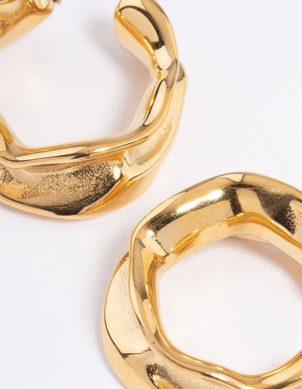 Waterproof Gold Plated  Stainless Steel Medium Molten Hoop Earrings
