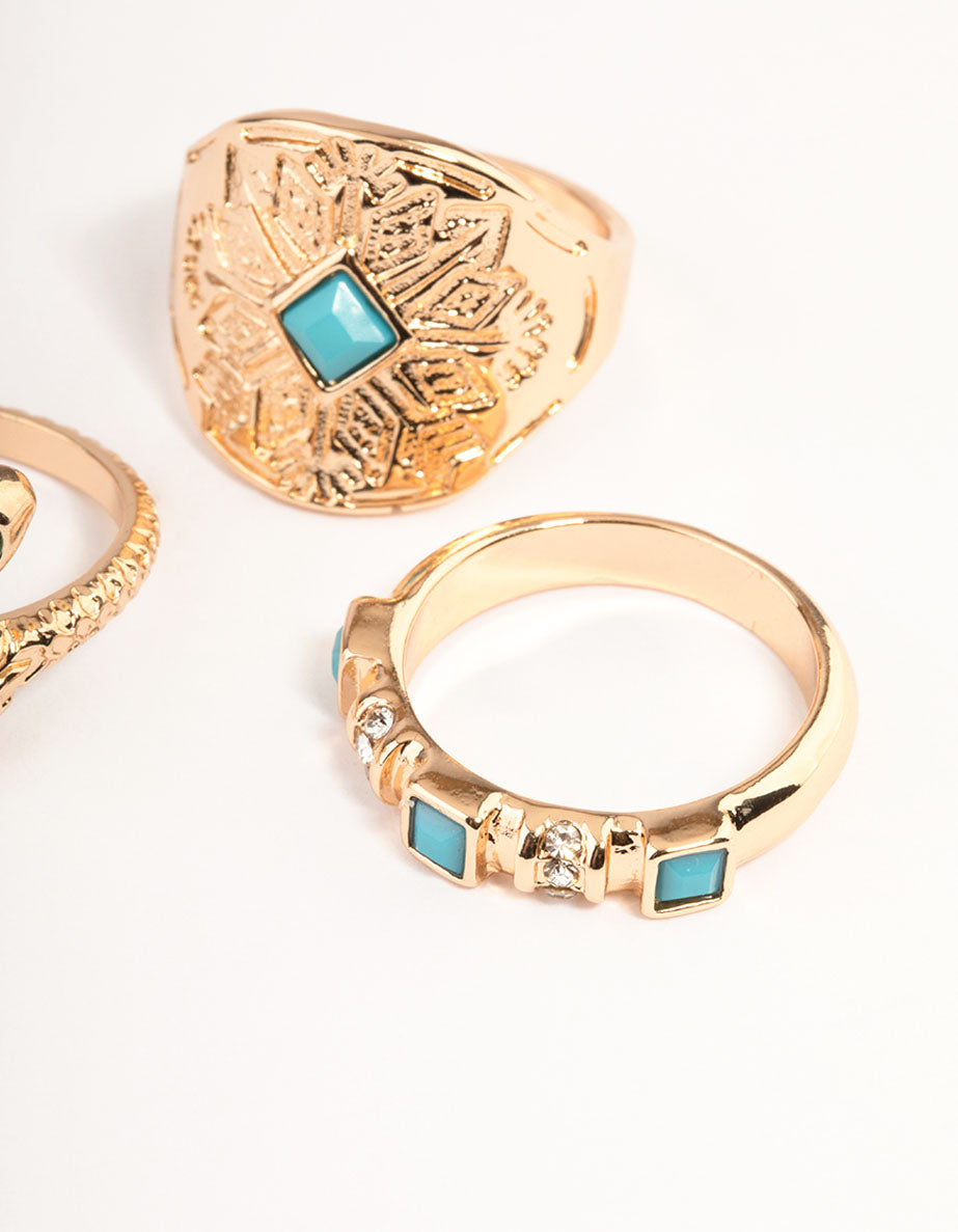Gold Turquoise Snake Ring Set