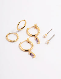 Gold Plated Brass Cubic Zirconia Amethyst Cut Huggie Earrings 6-Pack - link has visual effect only