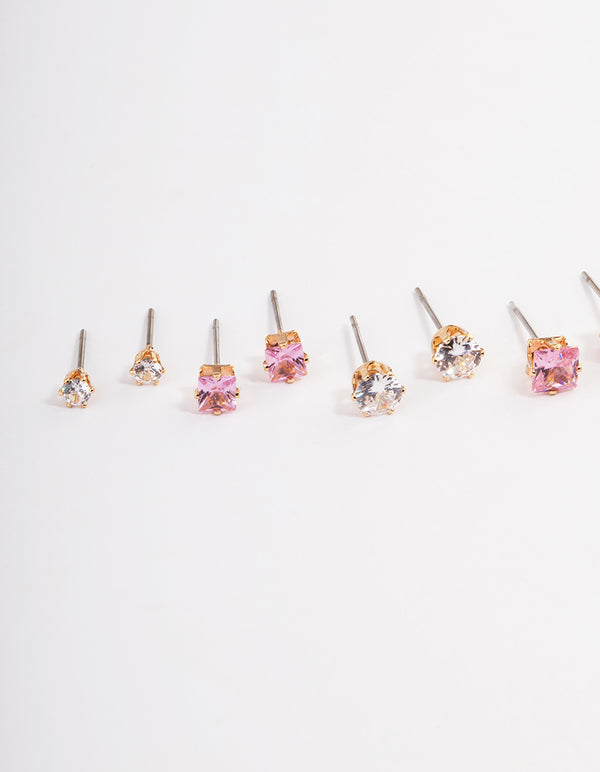 Gold Circle Square Stud Earrings 6-Pack