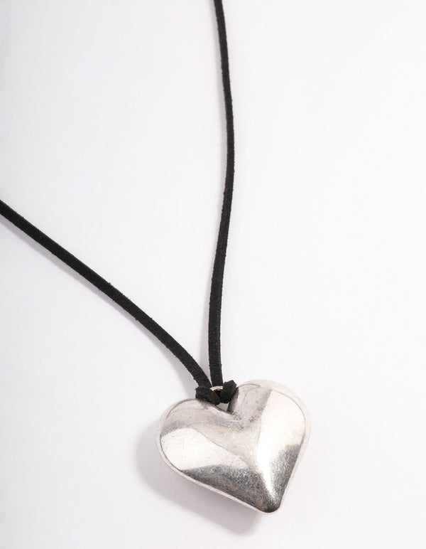 Rhodium Puffy Heart Black Suede Adjustable Cord Necklace