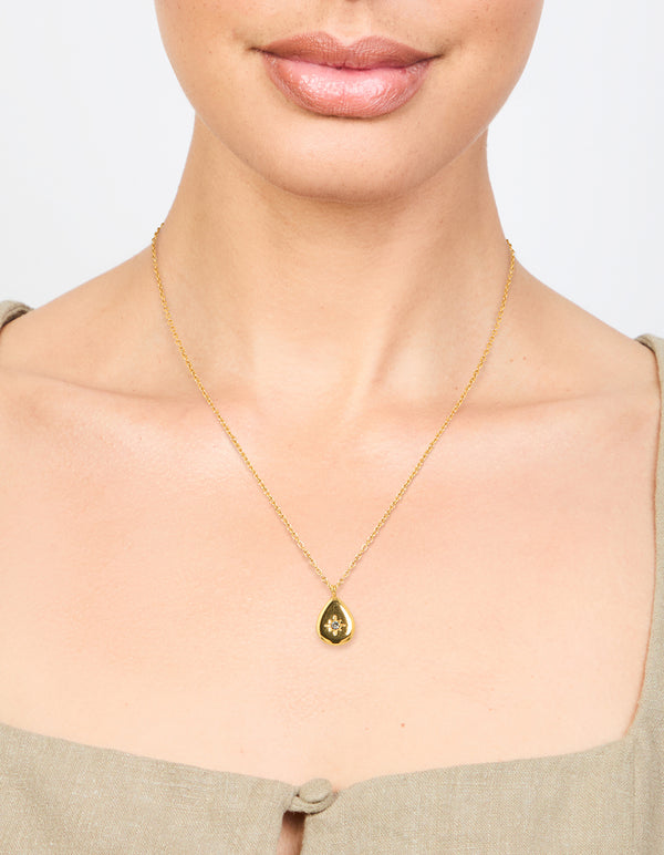 Waterproof Gold Plated Stainless Steel Teardrop Stone Pendant Necklace