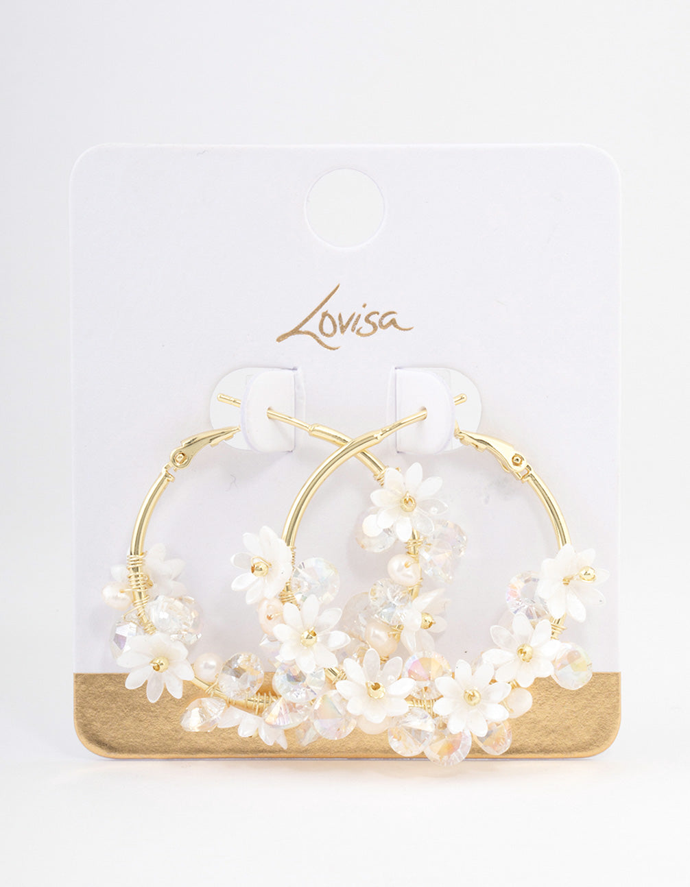 Gold Plated Freshwater Pearl Diamante Flower Hoop Earrings