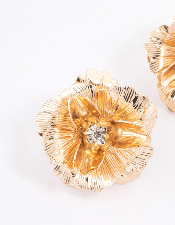 Gold Diamante Textured Flower Stud Earrings