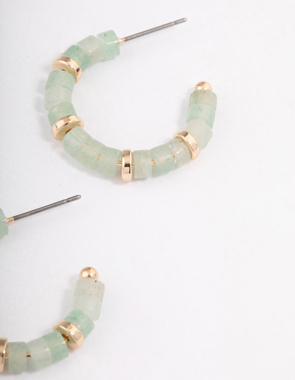 Gold Green Aventurine Mixed Disc Beaded Hoop Earrings