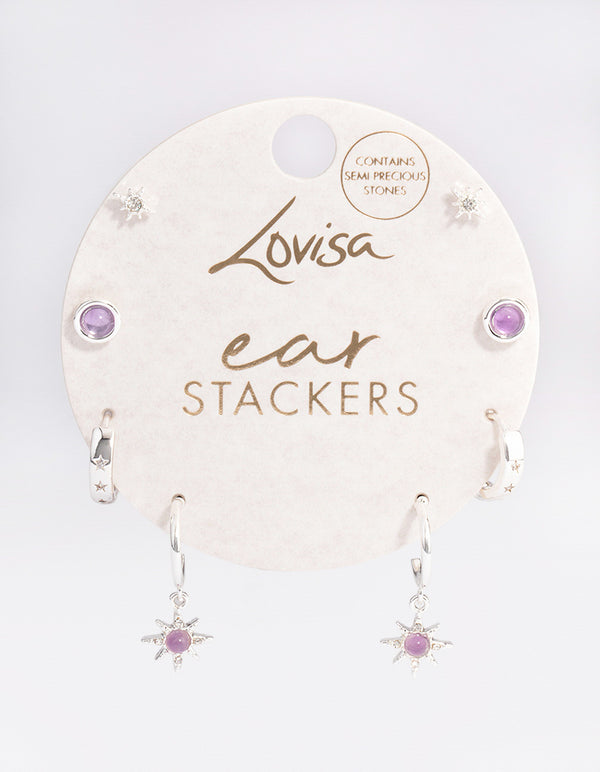 Silver Amethyst Starburst Stacker Earrings