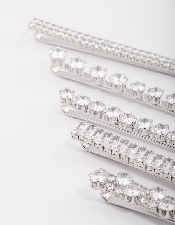 Silver Cubic Zirconia Mixed Stone Hair Clips 4-Pack