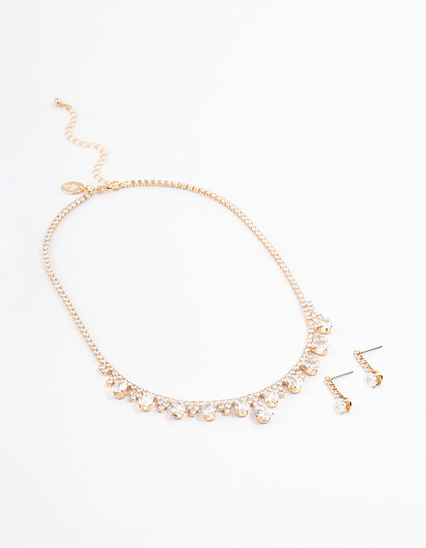 Gold Cubic Zirconia Cupchain Teardrop Jewellery Set