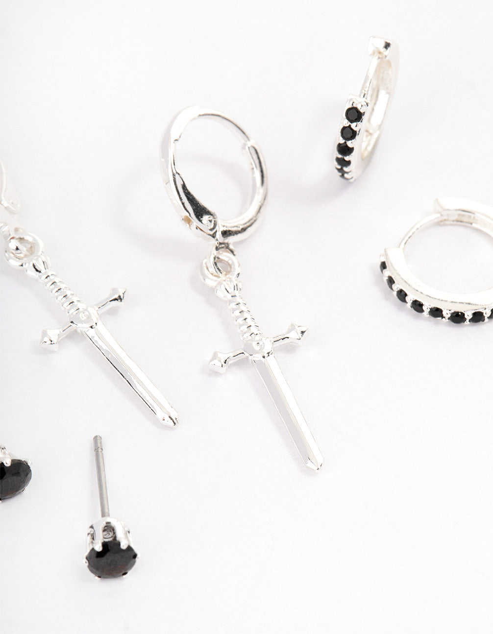 Silver Plated Brass  Cubic Zirconia Dagger Huggie Earrings Pack