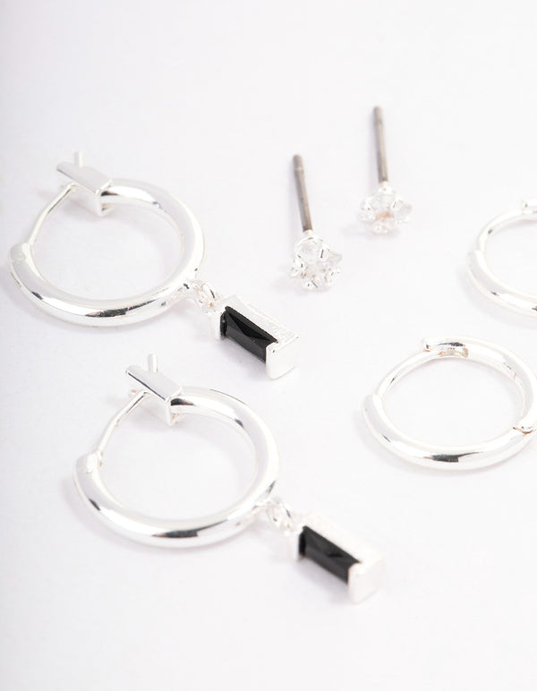 Silver Plated Brass  Cubic Zirconia Huggie Earrings Pack