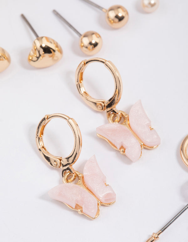 Gold Butterfly Motif Stud & Hoop Earrings 8-Pack