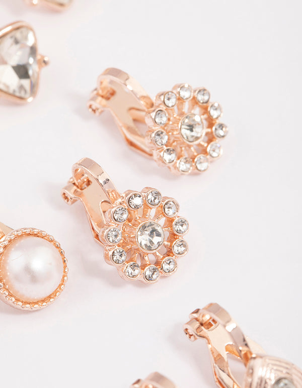 Rose Gold Heart & Flower Clip On Earrings 5-Pack
