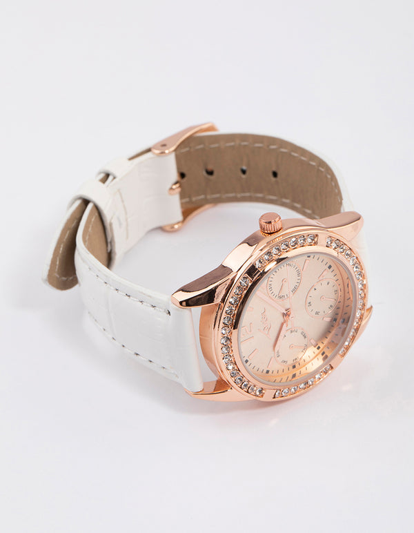 Rose Gold Diamante Dial Faux Leather Watch
