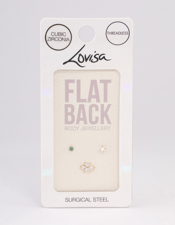 Gold Plated Surgical Steel Emerald Cubic Zirconia Flat Back Pack