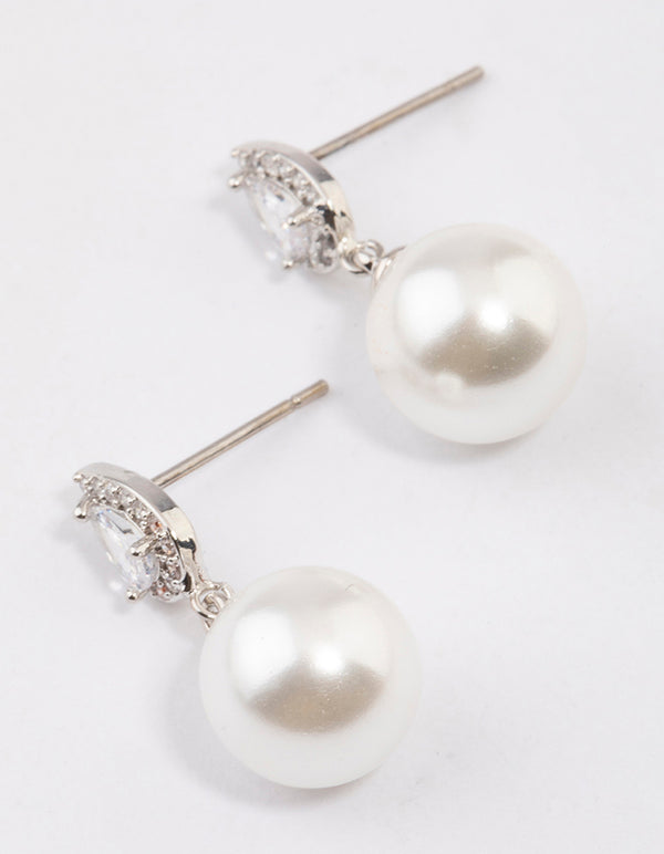 Rhodium Diamante Pear & Pearl Drop Earrings