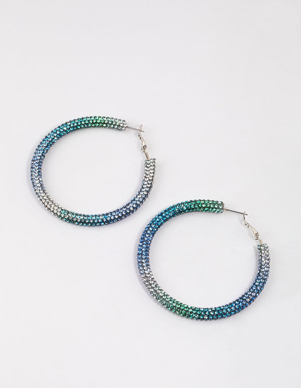 Silver Blue Jet Crusted Hoop Earrings