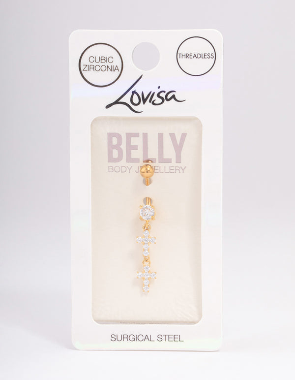 Gold Plated Surgical Steel Double Cross Drop Belly Ring