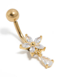 Gold Plated Surgical Steel Cubic Zirconia Flower Pear Threadless  Belly Bar - link has visual effect only
