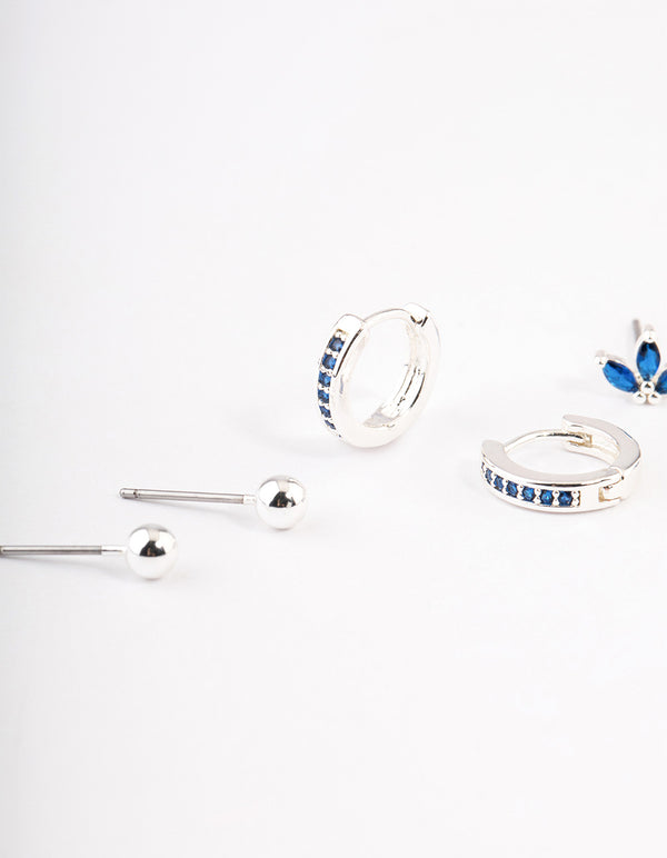 Silver Plated Brass  Cubic Zirconia Marquise Stud & Huggie Earrings Pack