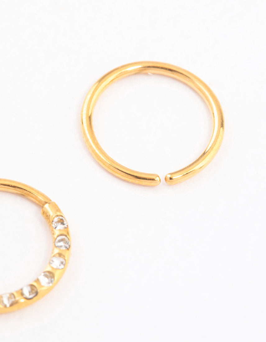 Gold Plated Titanium Cubic Zirconia Textured Nose Ring Pack